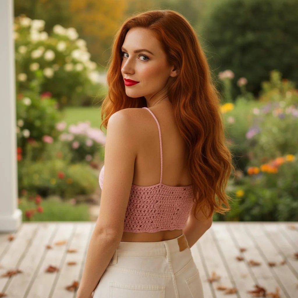 pink heart crochet crop top handmade romantic boho cami