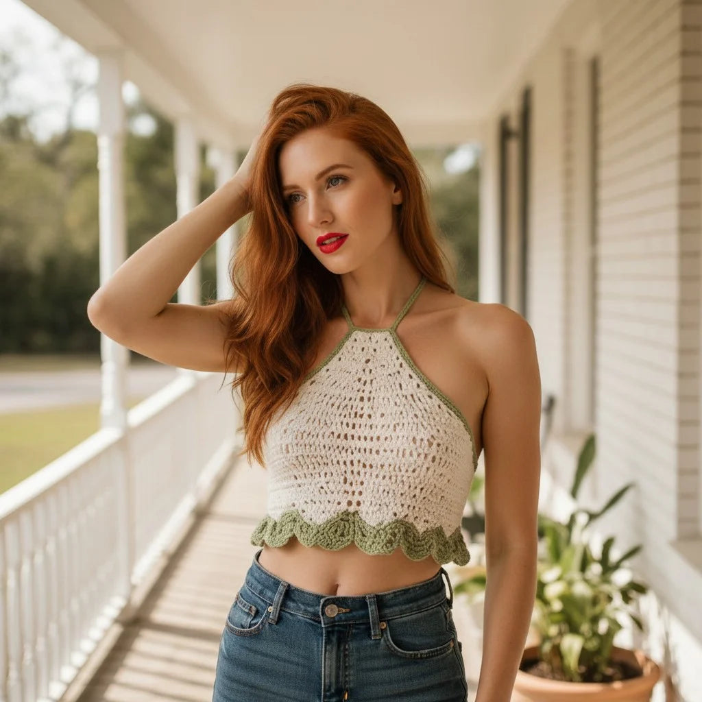 cream crochet halter top handmade boho scallop crop top