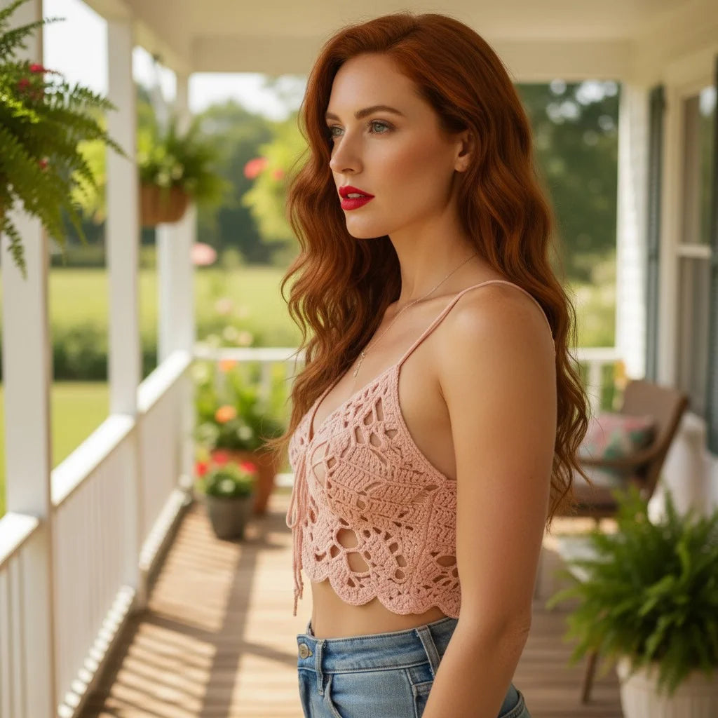 pink crochet butterfly top handmade boho lace crop cami