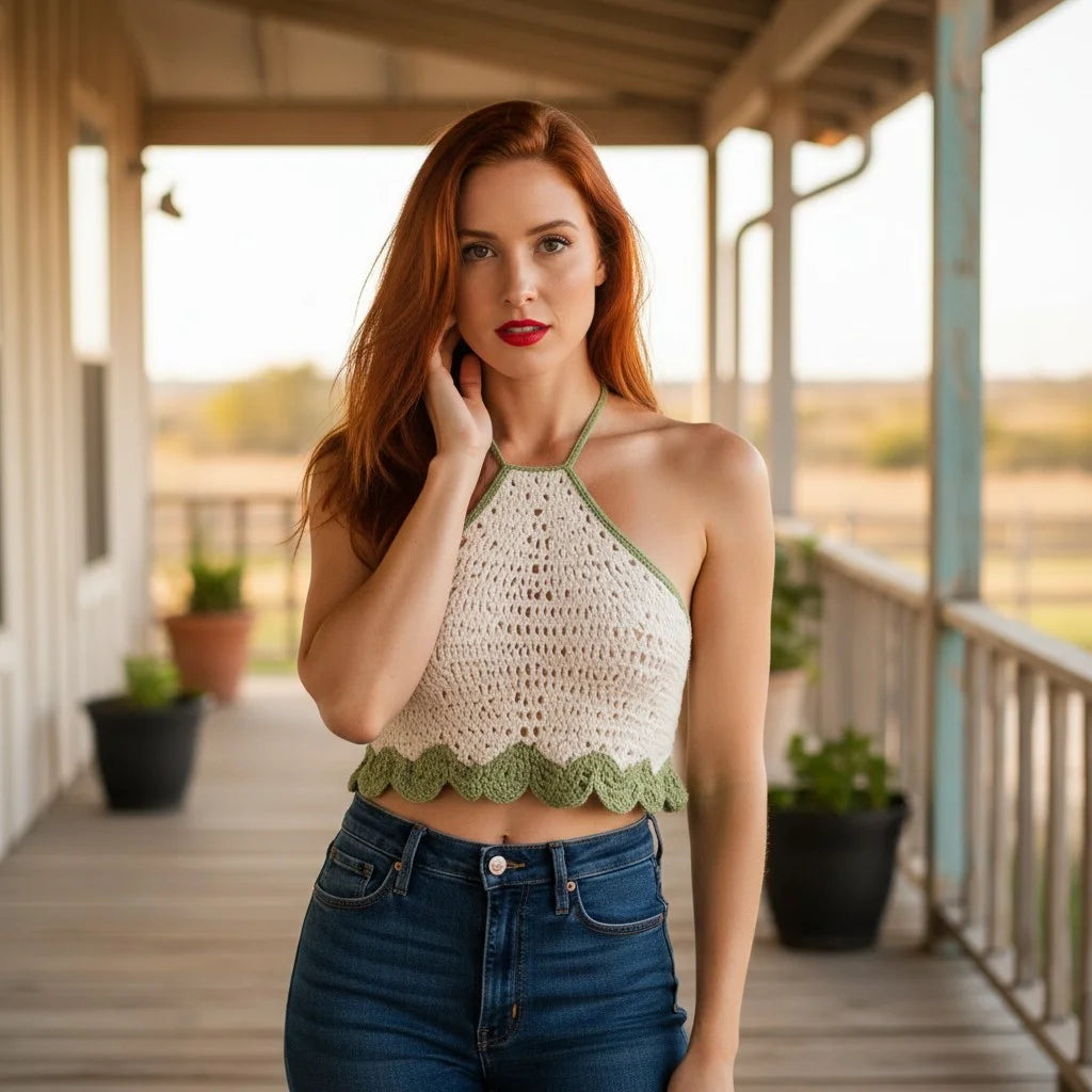 cream crochet halter top handmade boho scallop crop top
