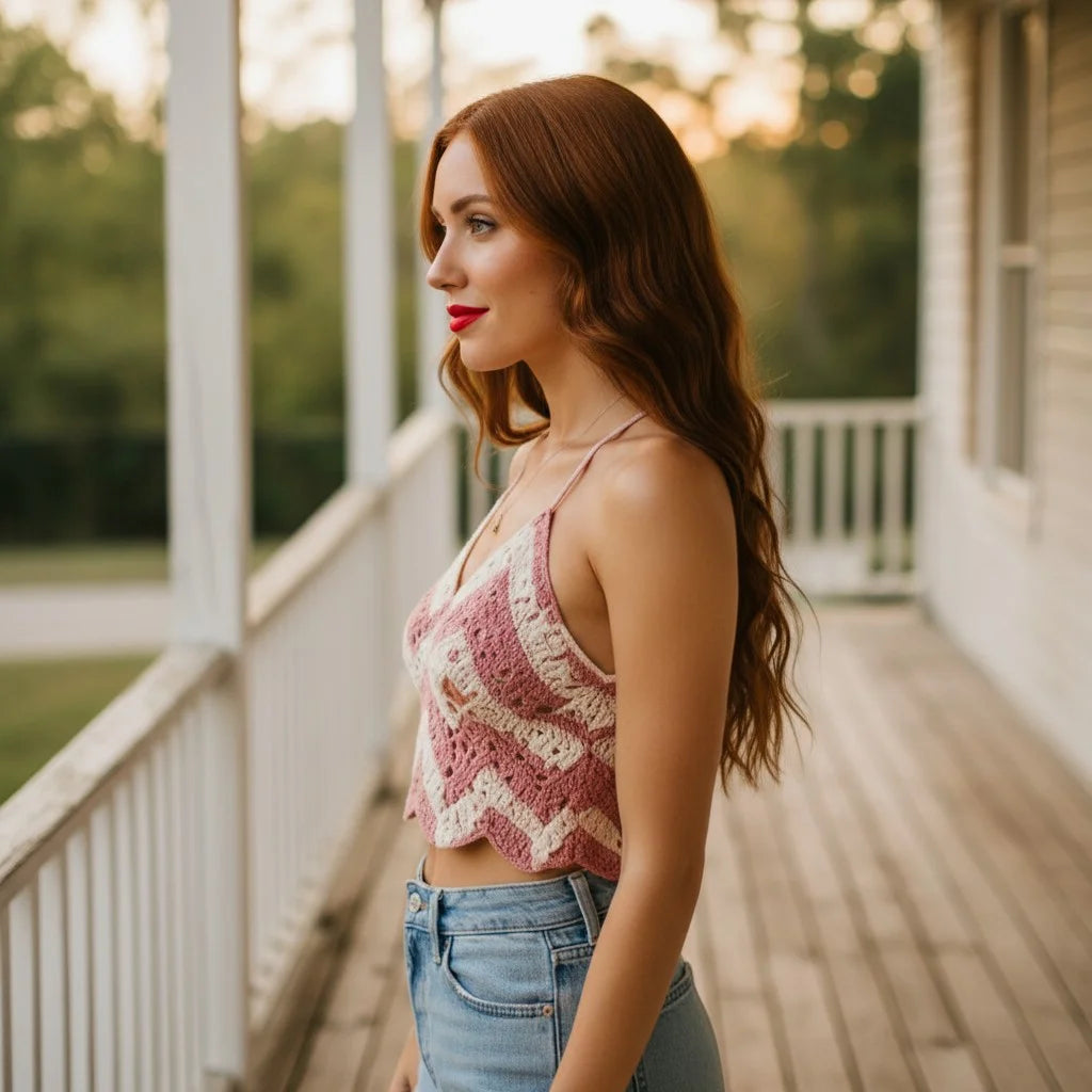 pink chevron crochet crop top handmade boho summer cami