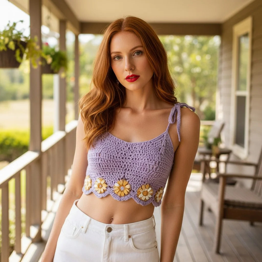 purple crochet crop top floral handmade boho cami top