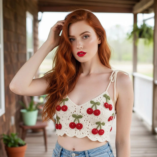 cherry crochet crop top handmade cottagecore boho cami