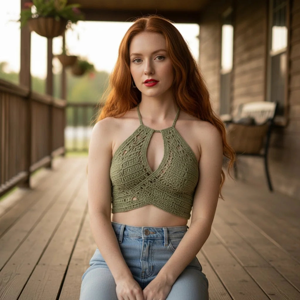 olive green crochet halter top handmade boho crop top