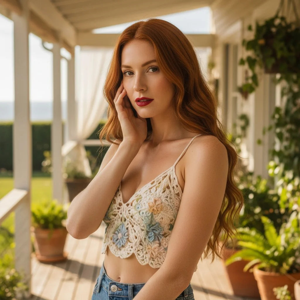 floral crochet crop top handmade boho butterfly lace cami
