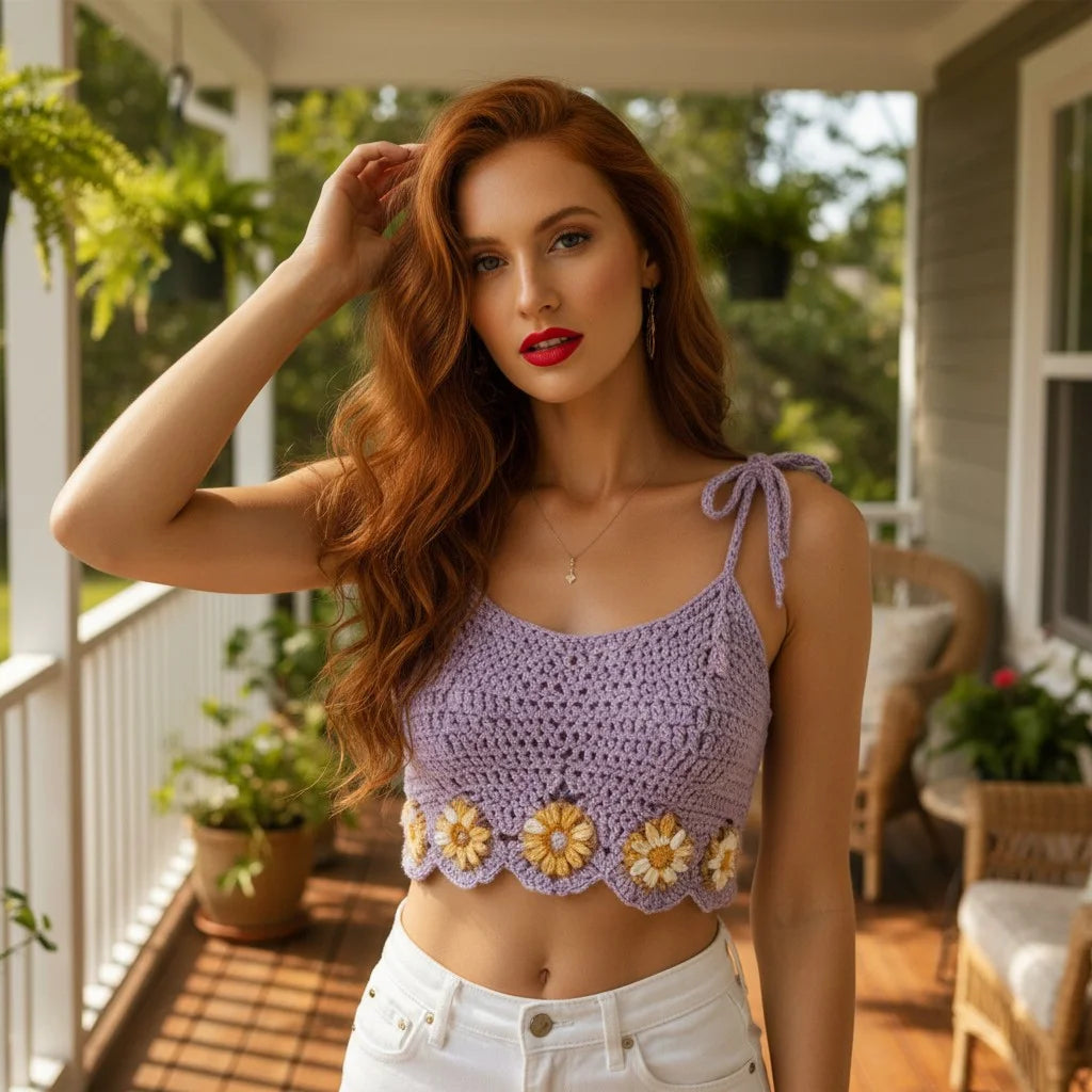 purple crochet crop top floral handmade boho cami top