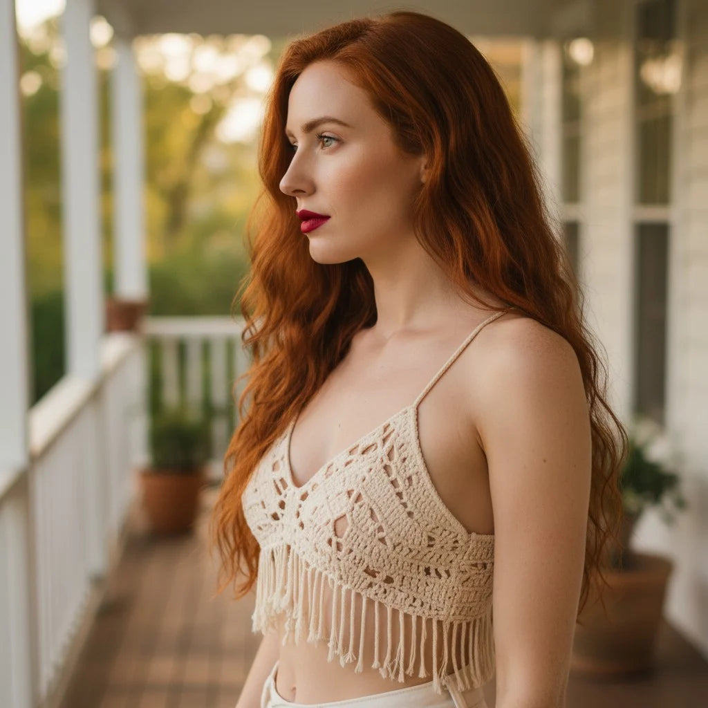 cream crochet fringe top handmade boho festival cami