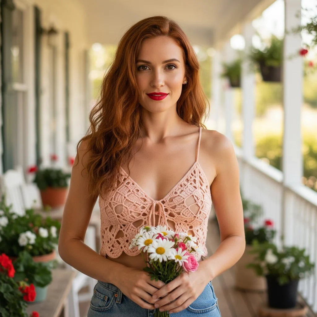 pink crochet butterfly top handmade boho lace crop cami