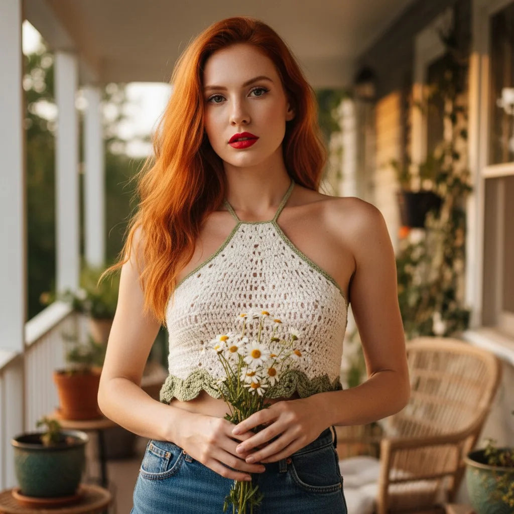 cream crochet halter top handmade boho scallop crop top