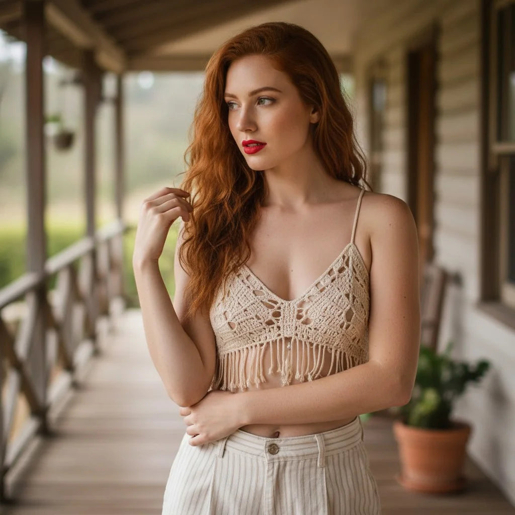 cream crochet fringe top handmade boho festival cami