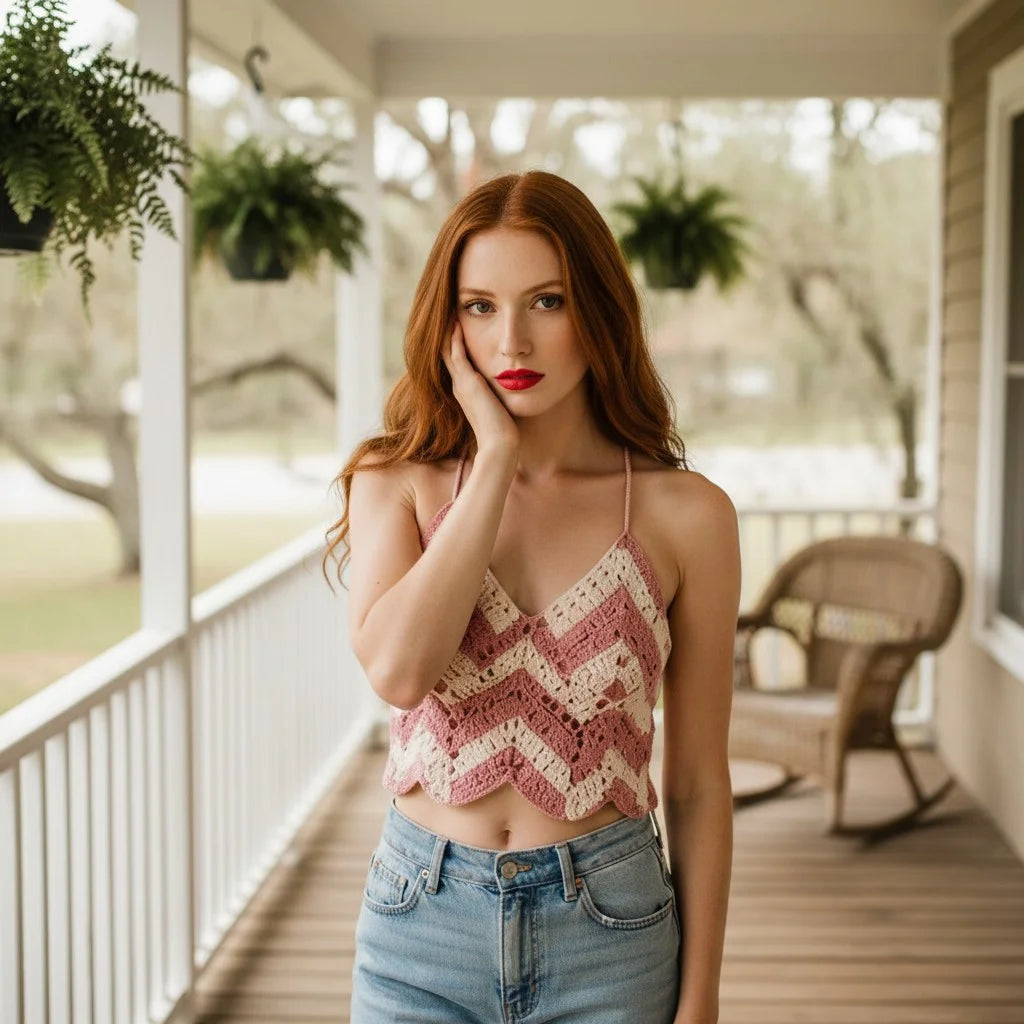 pink chevron crochet crop top handmade boho summer cami