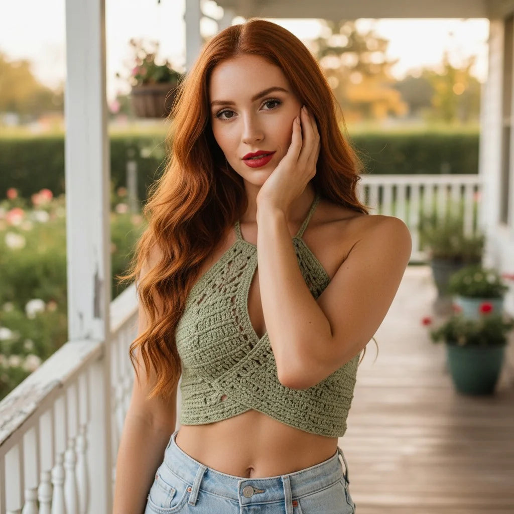 olive green crochet halter top handmade boho crop top
