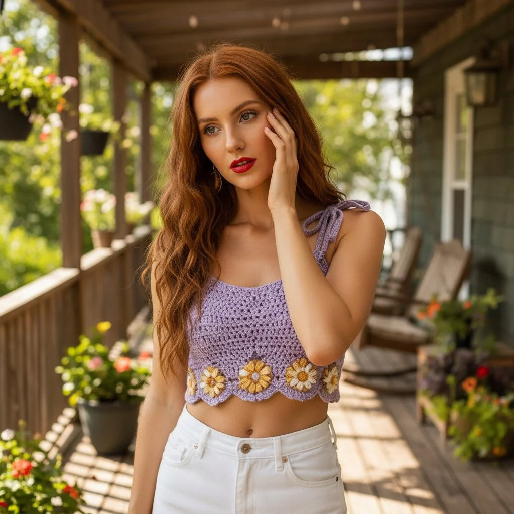 purple crochet crop top floral handmade boho cami top