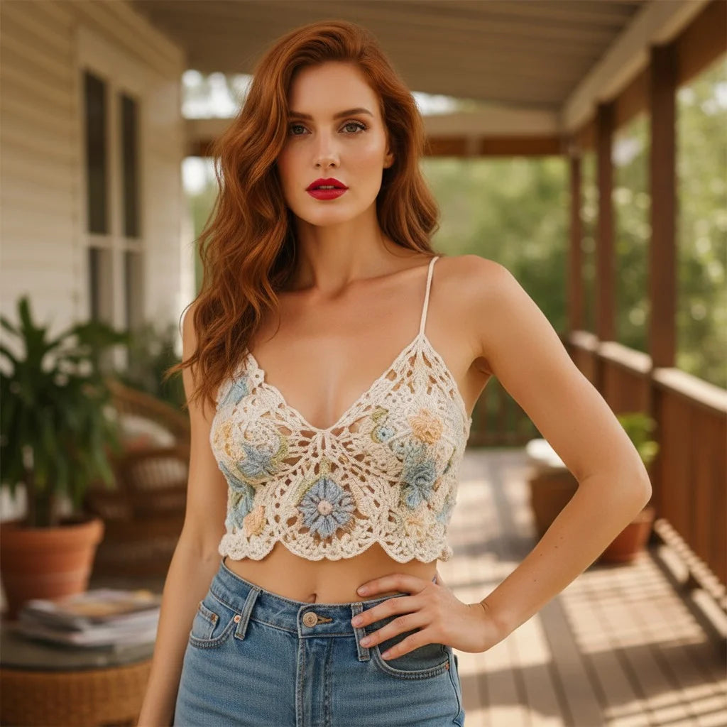 floral crochet crop top handmade boho butterfly lace cami