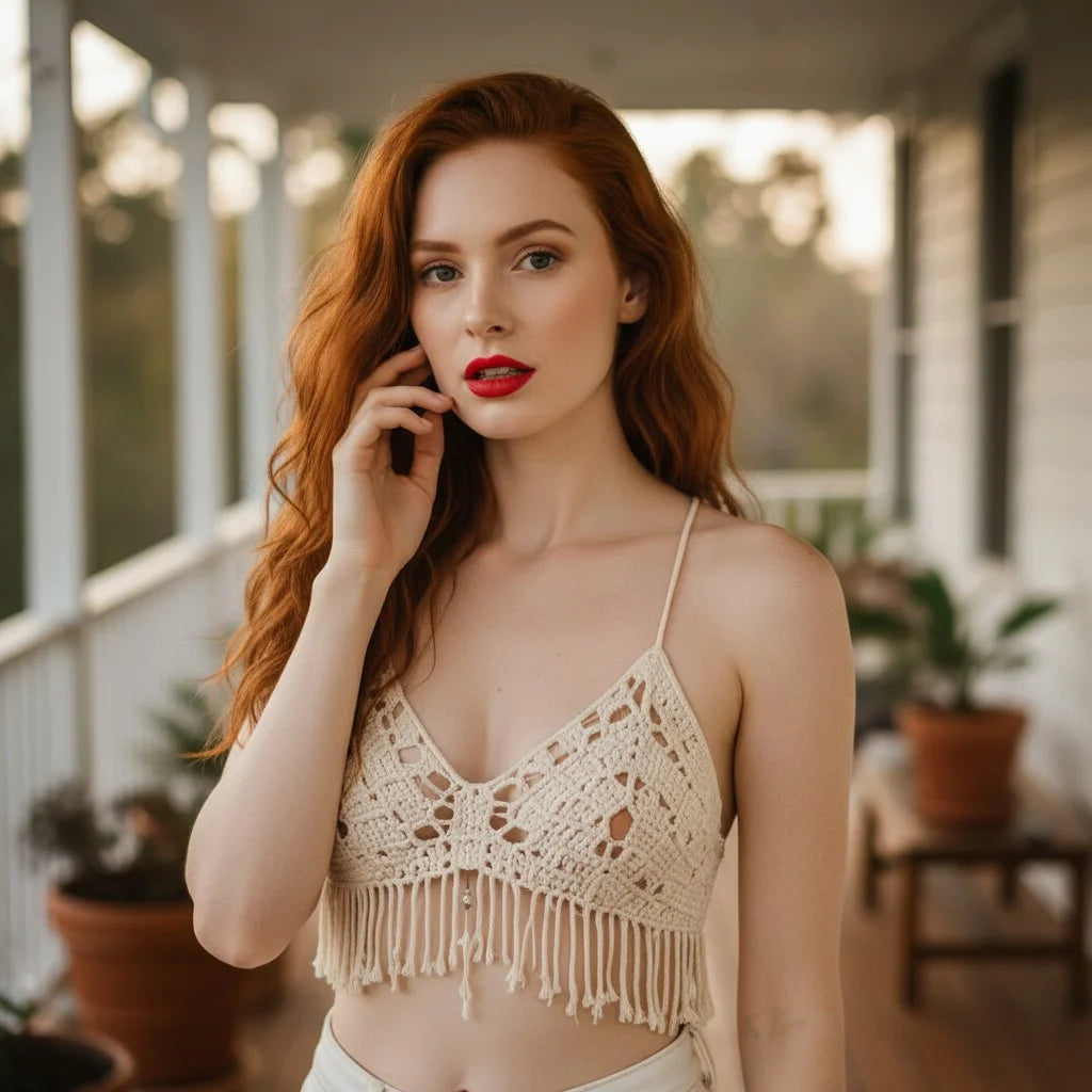 cream crochet fringe top handmade boho festival cami