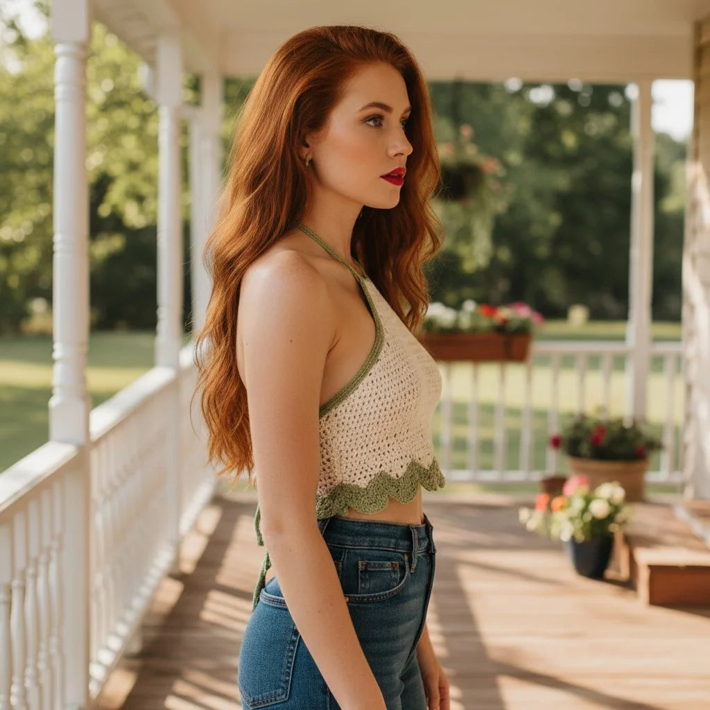 cream crochet halter top handmade boho scallop crop top