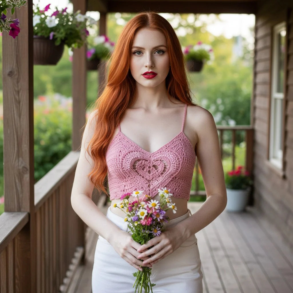 pink heart crochet crop top handmade romantic boho cami
