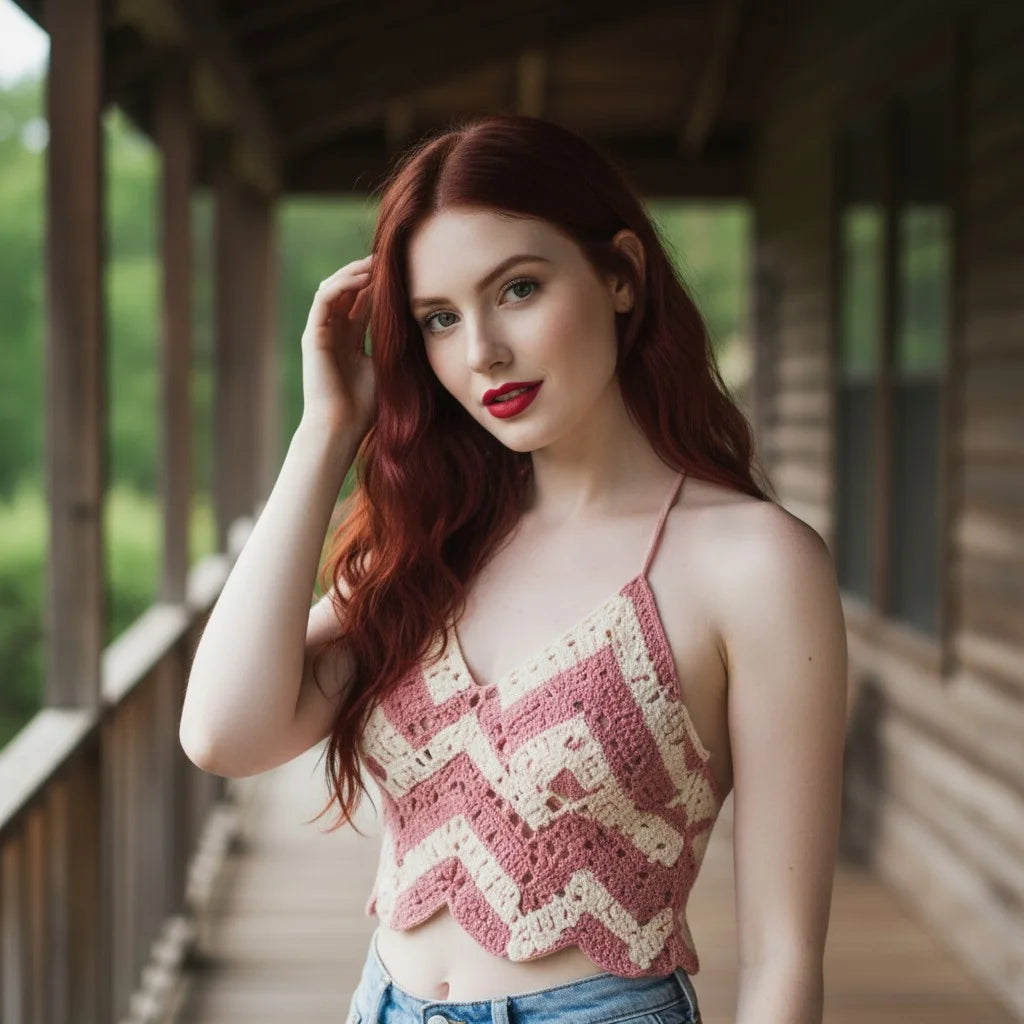 pink chevron crochet crop top handmade boho summer cami