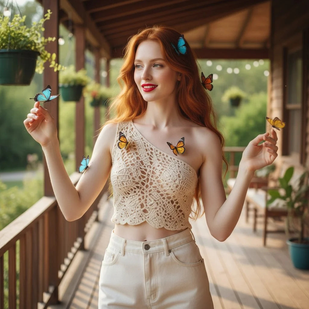 one shoulder crochet crop top handmade boho butterfly cami