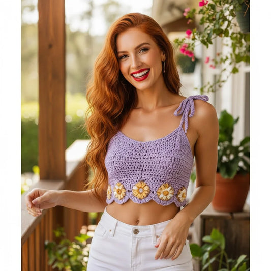 purple crochet crop top floral handmade boho cami top