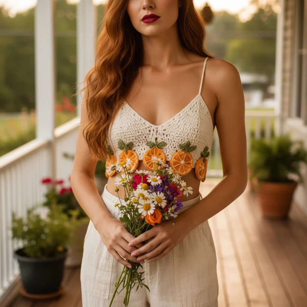 orange crochet crop top handmade fruit boho summer cami