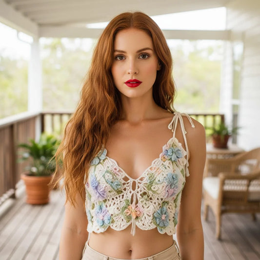 floral crochet crop top handmade pastel boho cami top
