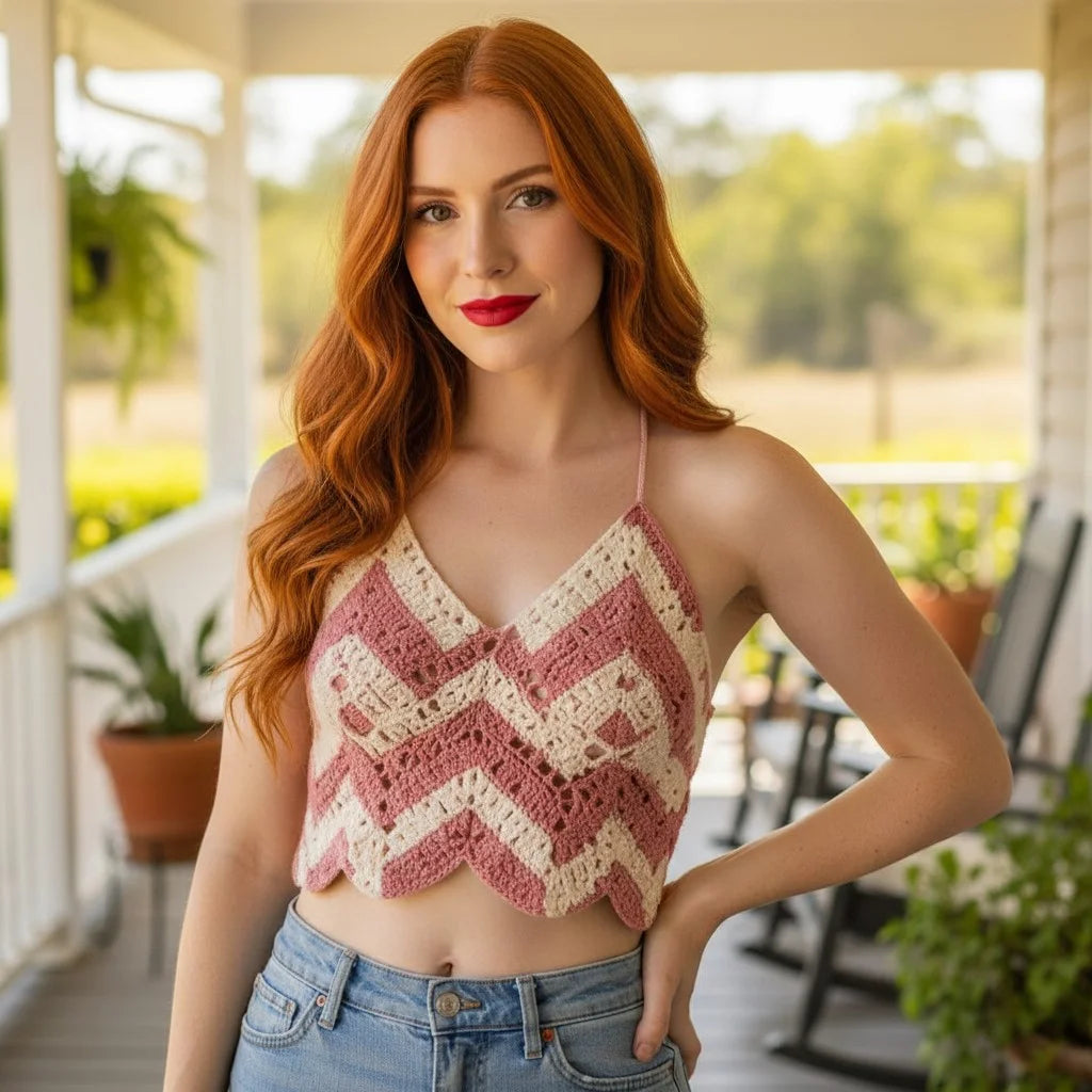 pink chevron crochet crop top handmade boho summer cami