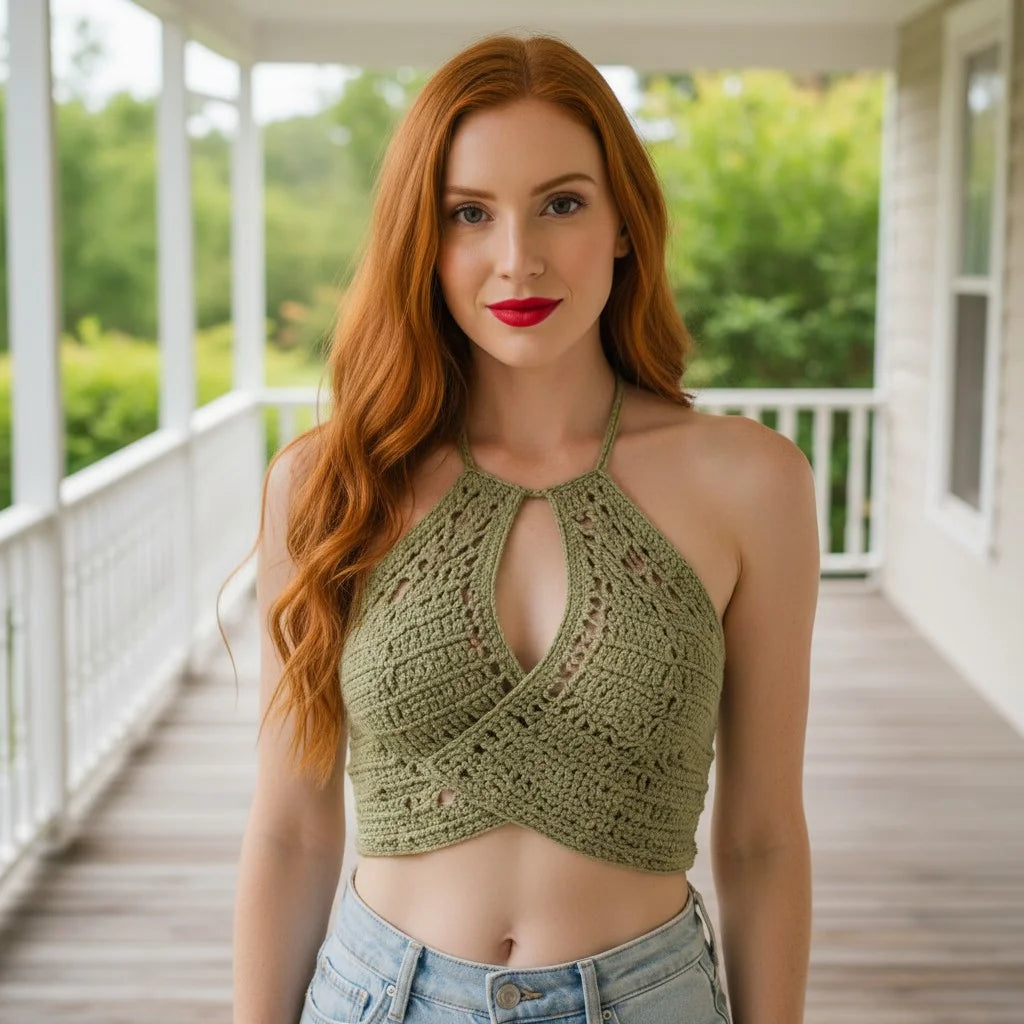 olive green crochet halter top handmade boho crop top