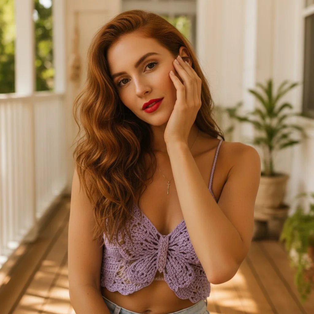 butterfly crochet crop top purple handmade boho cami