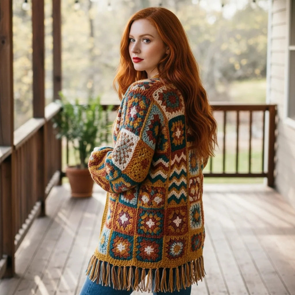 boho crochet cardigan granny square fringe oversized sweater
