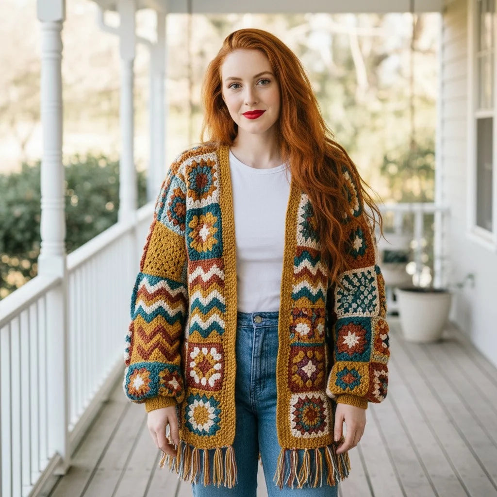 boho crochet cardigan granny square fringe oversized sweater