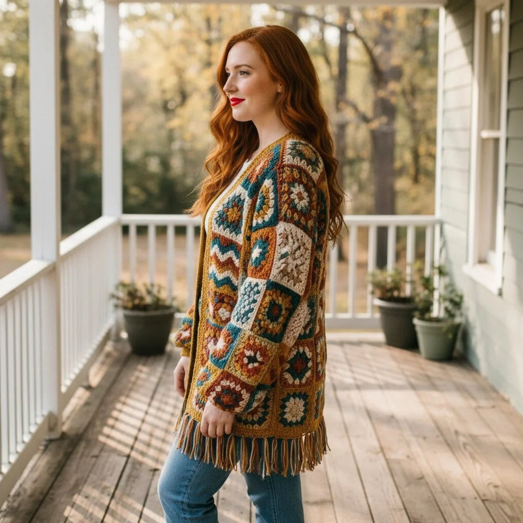 boho crochet cardigan granny square fringe oversized sweater