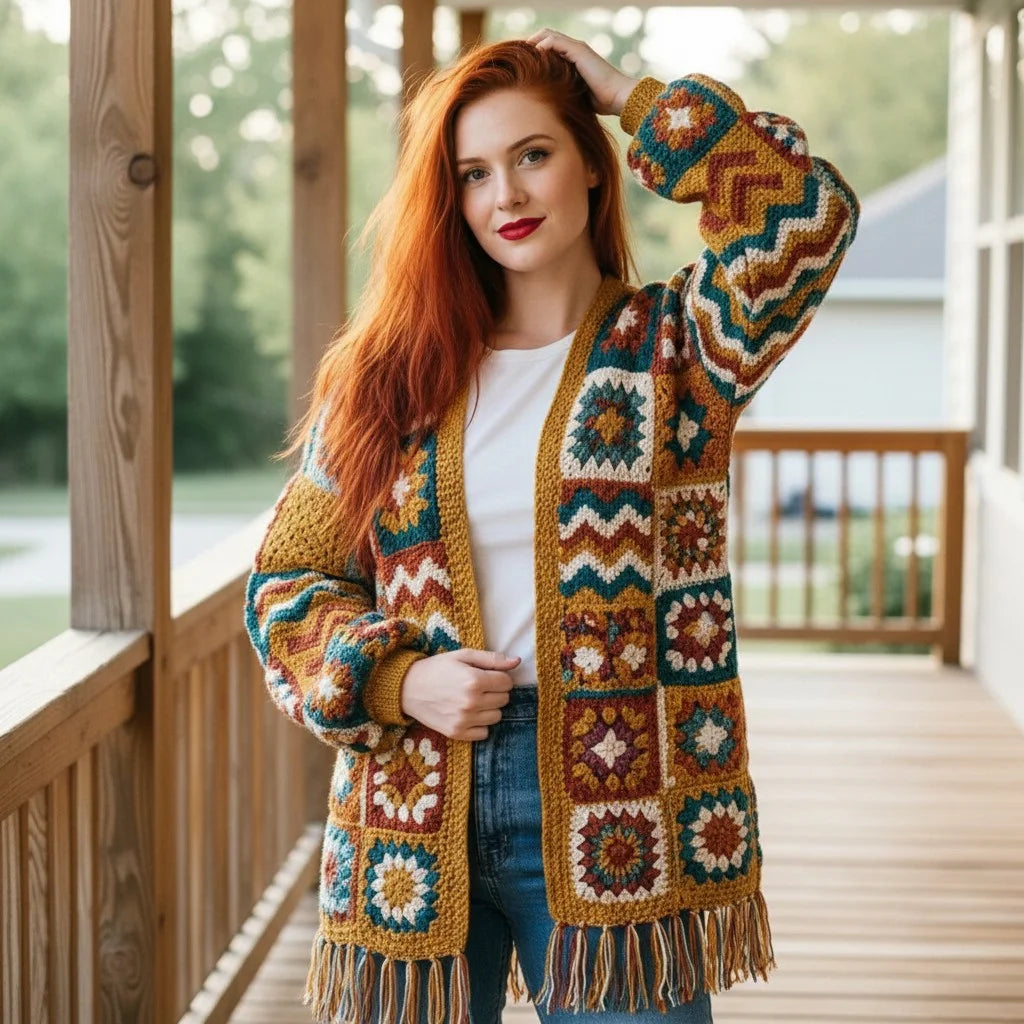 boho crochet cardigan granny square fringe oversized sweater