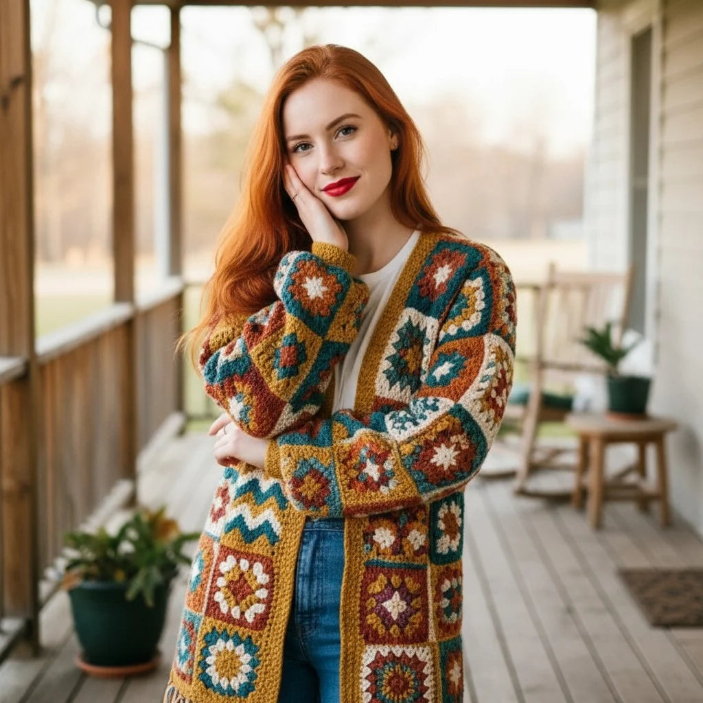 boho crochet cardigan granny square fringe oversized sweater