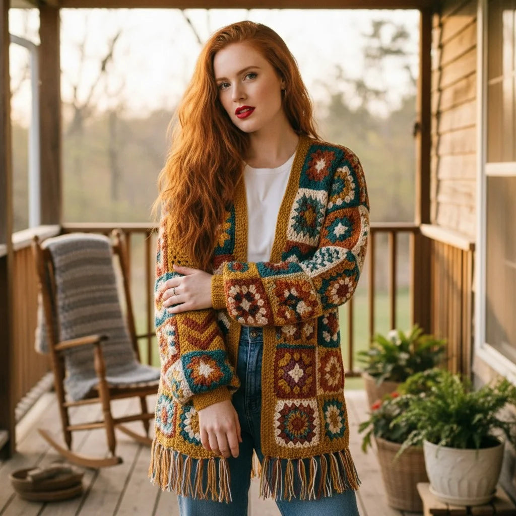 boho crochet cardigan granny square fringe oversized sweater