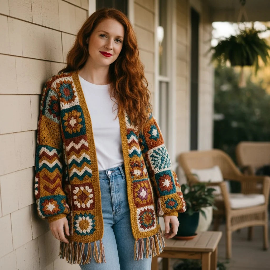 boho crochet cardigan granny square fringe oversized sweater