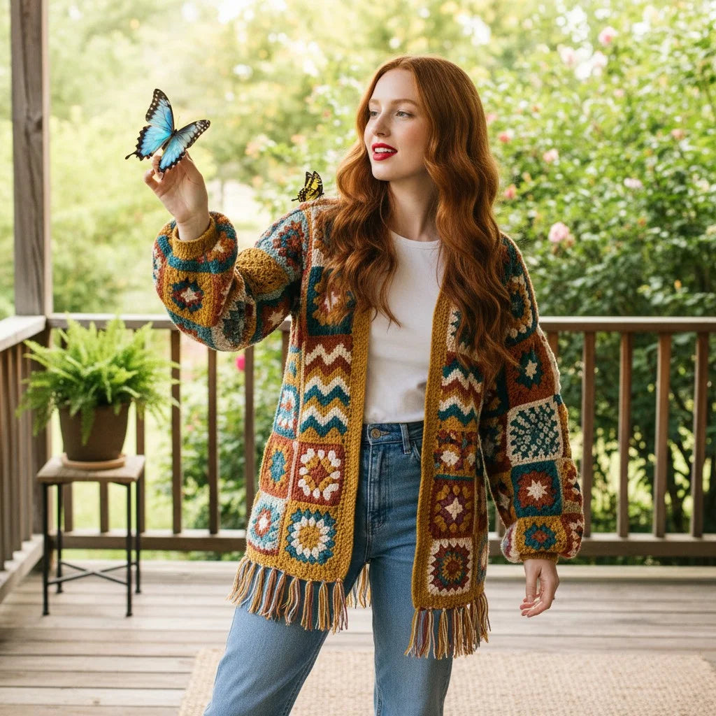 boho crochet cardigan granny square fringe oversized sweater