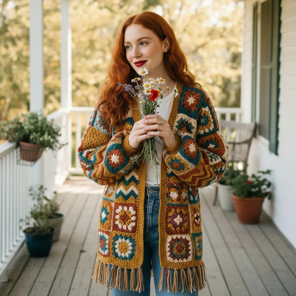 boho crochet cardigan granny square fringe oversized sweater