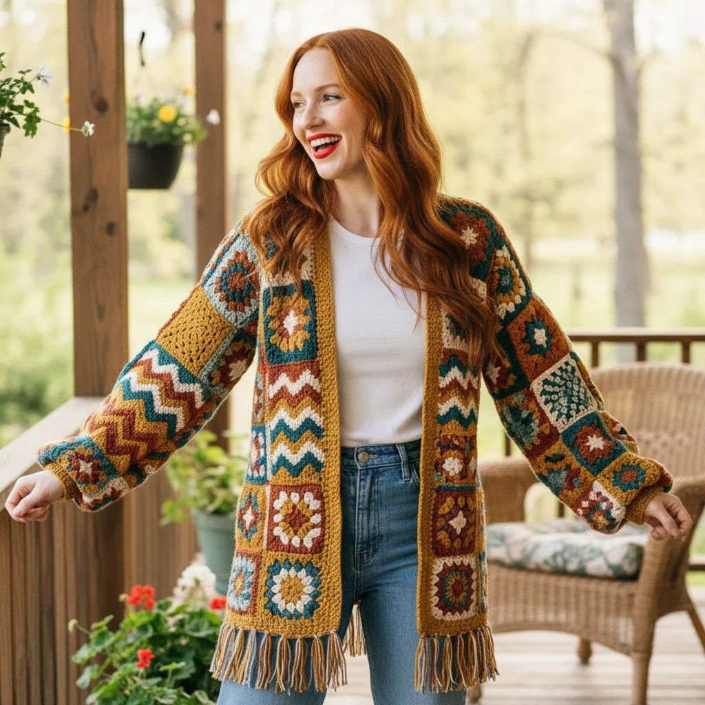 boho crochet cardigan granny square fringe oversized sweater