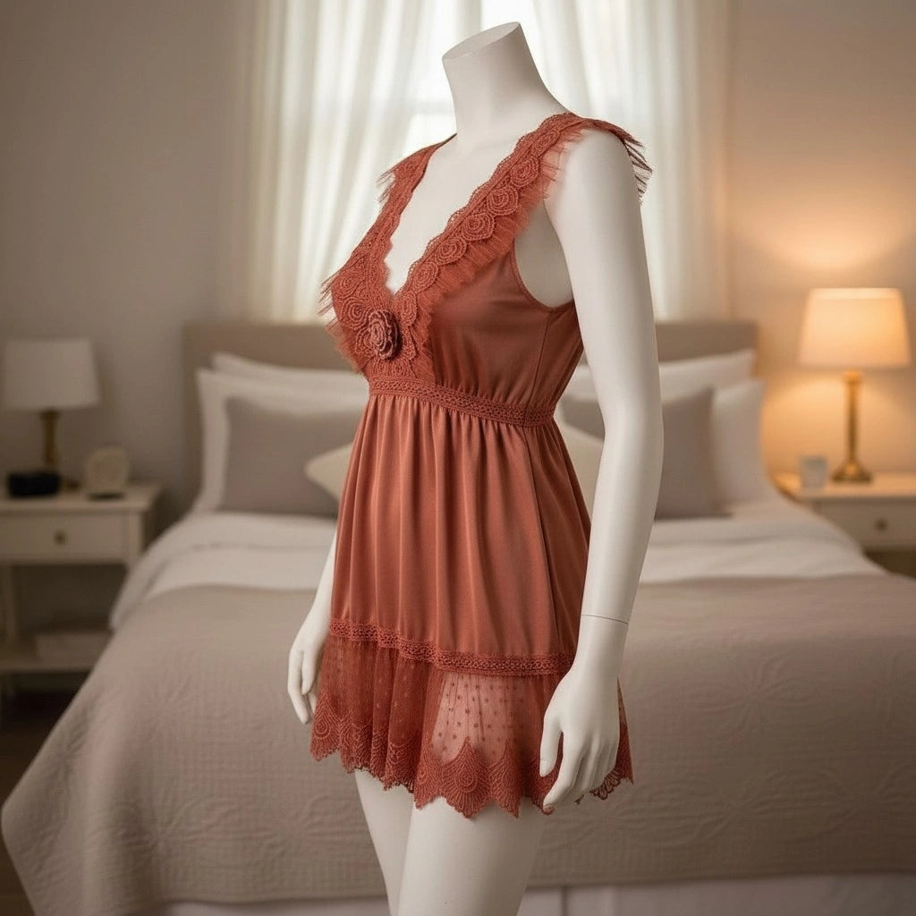 Rust Lace Babydoll Lingerie for Women – Sheer Mesh Dress