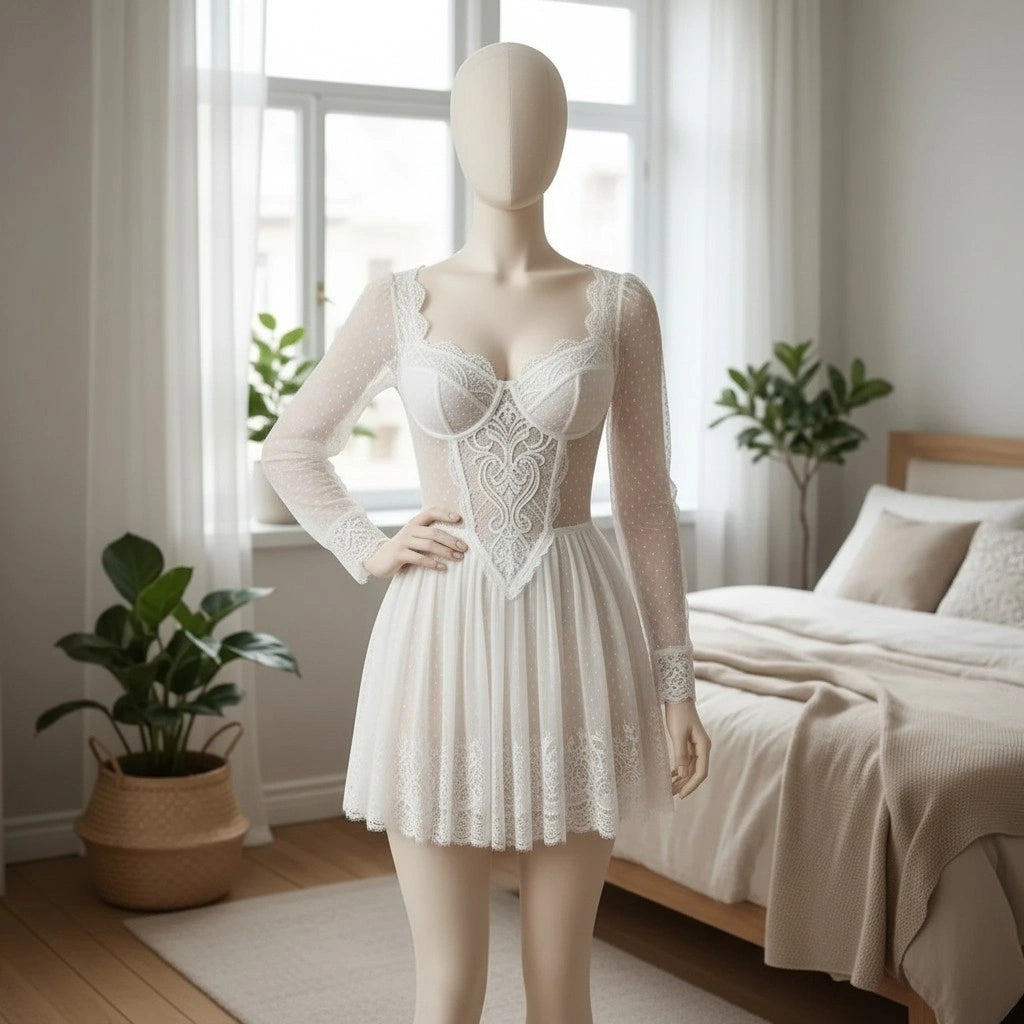 White Lace Babydoll Lingerie for Women – Sheer Mesh Dress