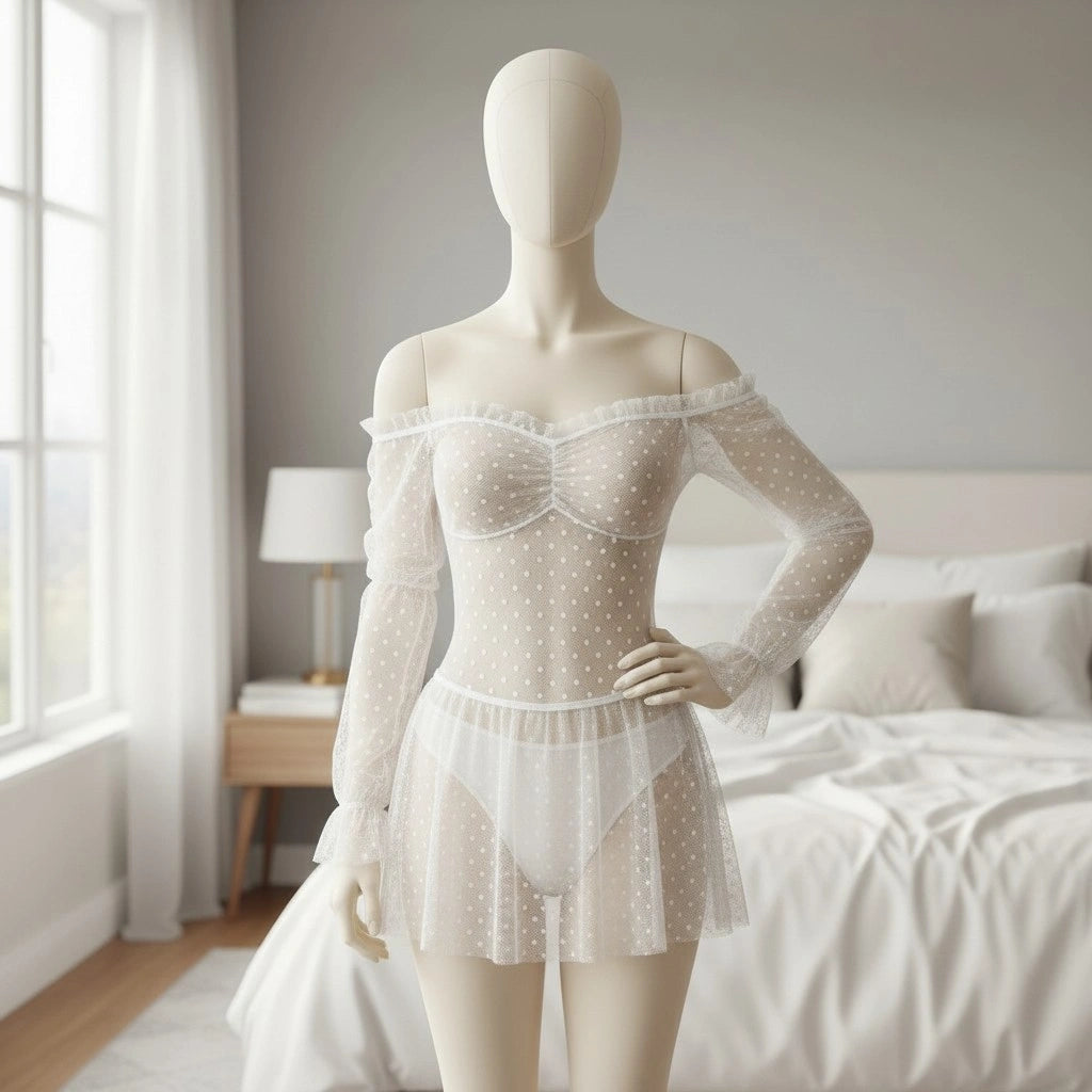 Sheer Polka Dot Babydoll Lingerie for Women – Mesh Dress