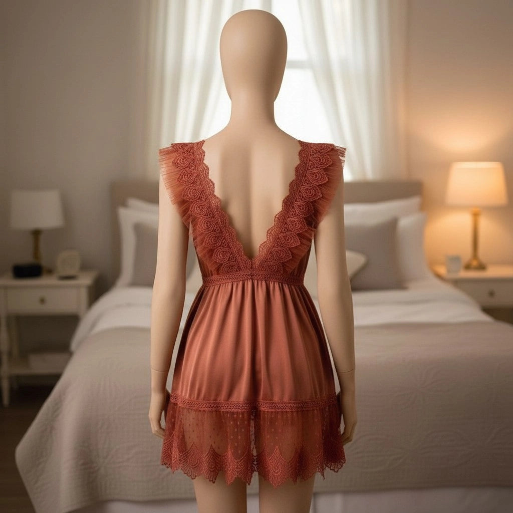 Rust Lace Babydoll Lingerie for Women – Sheer Mesh Dress