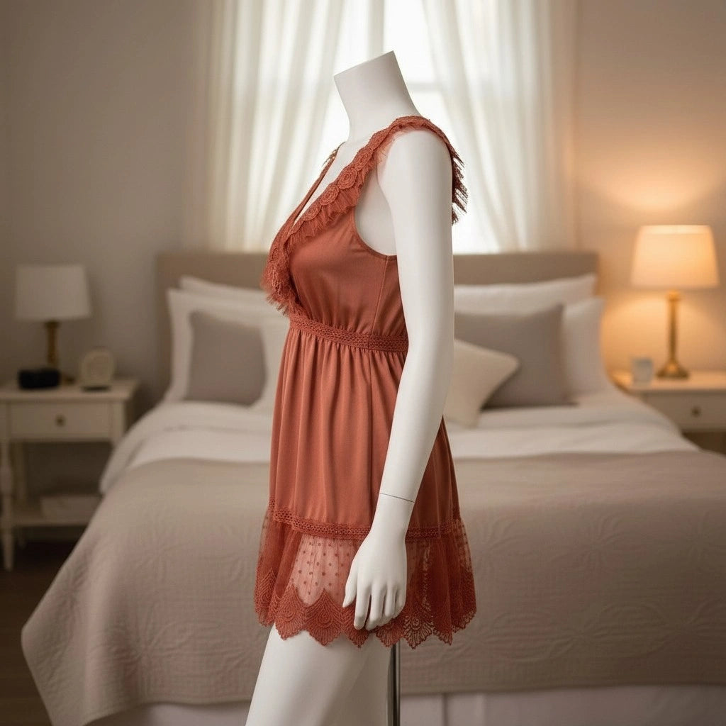 Rust Lace Babydoll Lingerie for Women – Sheer Mesh Dress
