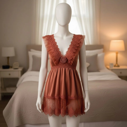 Rust Lace Babydoll Lingerie for Women – Sheer Mesh Dress