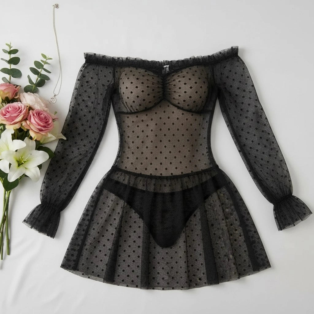 Sheer Polka Dot Babydoll Lingerie for Women – Mesh Dress