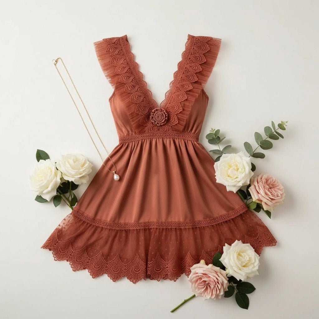 Rust Lace Babydoll Lingerie for Women – Sheer Mesh Dress