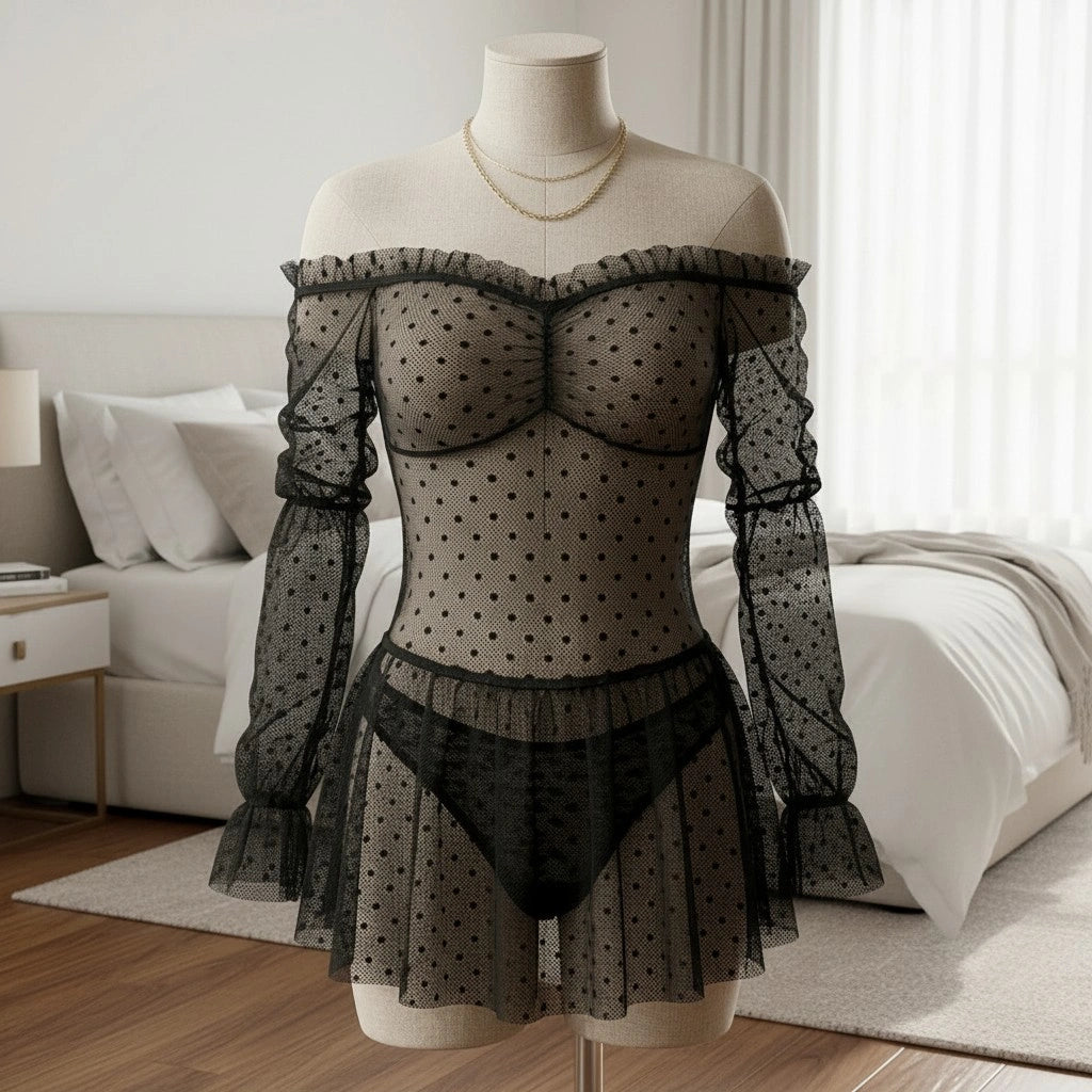 Sheer Polka Dot Babydoll Lingerie for Women – Mesh Dress