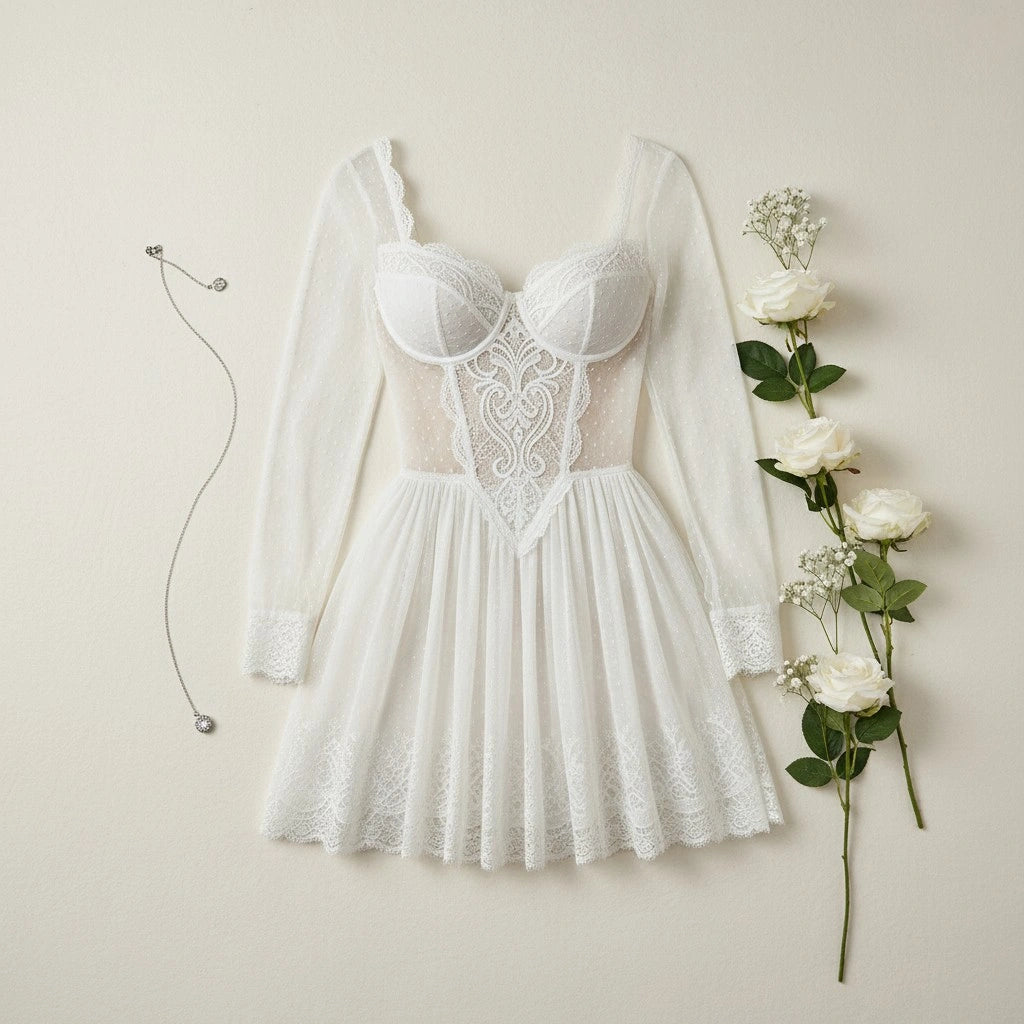 White Lace Babydoll Lingerie for Women – Sheer Mesh Dress
