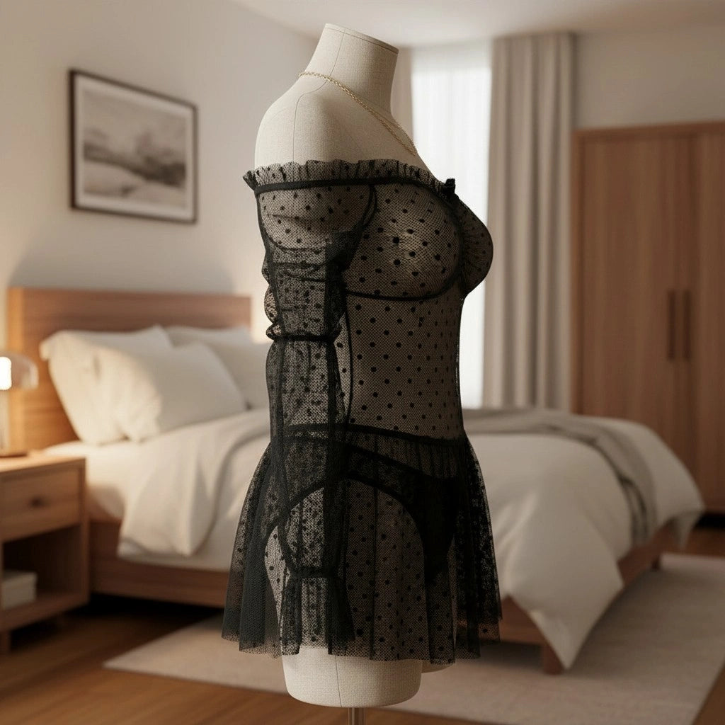 Sheer Polka Dot Babydoll Lingerie for Women – Mesh Dress